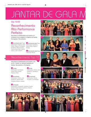 Radar05_sem_SEM 3/31/12 4:30 AM Page 26




          JANTAR DE GALA M
      Dia 15/02                                                          01




      Reconhecimento
      Alta Performance
      Perfeita
      Reconhece os Distribuidores que durante os 4
      trimestres do ano atingiram os objetivos de Vendas,                02
                                                                                   D
      Nomeações e Recrutamento.

                                                                                   D
      01 Reconhecidos pela 1º vez       02 Reconhecidos pela 2º vez
      Distribuições: Progresso, Amor    Distribuições: Espetáculo,
      Perfeito, Magma, Constelação,     Grande Vitória, Abaeté e                   D
      Excelência, Raios Dourados,       Planalto.
      Tropical, Astral, Reluz, Grande
                                                                                   D
      Osasco, Líder e Charme.           03 Reconhecidos pela 3º vez
                                        Distribuição Atitude.            03



      Reconhecimento Top 10
      Reconhece os Distribuidores que durante o ano
      de 2011 tiveram os melhores resultados em
      Vendas, Recrutamento e Nomeações.

      04 Vendas                           05 Vendas                      04   05
      Distribuições: Constelação,        Distribuições: Charme, Líder,
      Grande Vitória, Abaeté,            Espetáculo, Fantástica e
      Tropical e Zênite.                 Girassol.

      06 Recrutamento                    07 Recrutamento
      Distribuições: Charme, Líder,      Distribuições: Ciranda,
      Espetáculo, Grande Vitória,        Progresso e Constelação.        06
      Fantástica, Atitude e Girassol.


      08 Nomeações
      Distribuições: Constelação, Fantástica, Ciranda,
      Girassol, Grande Vitória, Espetáculo, Charme,
      Progresso, Líder e Planalto.


07
                                                                         08




     26
 