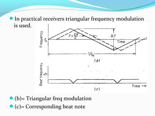 In practical receivers triangular frequency modulation
is used.
(b)= Triangular freq modulation
(c)= Corresponding beat note
 