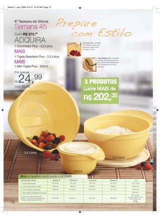 Radar11_sem_SEM 9/7/12 10:42 AM Page 12




      4ª Semana do Vitrine
      Semana 45                                             Prepare
      Com R$ 375,00                                                     com                              Estilo
      ADQUIRA                                                                      Escorredor Plus - 3,5 Litros
                                                                                   Comodidade: Segure pela
      1 Escorredor Plus - 3,5 Litros                                               duas alças laterais e leve
                                                                                   sob água corrente.
      MAIS
      1 Tigela Batedeira Plus - 3,5 Litros                                                                Tigela Batedeira Plus - 3,5 Litros


      MAIS
                                                                                                          O design da aba lateral permite
                                                                                                          que a mistura seja despejada em
                                                                                                          outro recipiente sem escorrer
      1 Mini Tigela Plus - 650ml                                                                          pela base.



      Por apenas


      R$   24,99
      Cód. 85295
                                                                                     3 PRODUTOS
                                                                                   Lucre MAIS de
                                                                                   R$ 202,35




                 3,5 Litros
                                                                                                                                 3,5 Litros



                                                                           650ml
           Veja o quanto você pode LUCRAR.
           CALCULE SEU LUCRO!                            Semana 42   Semana 43              Semana 44                        Semana 45                   Total

           1 – Sua venda semanal                         R$ 375,00    R$ 375,00              R$ 375,00                        R$ 375,00              R$ 1.500,00

           2 – Lucro líquido (26,5% – BEA)               R$ 99,37     R$ 99,37               R$ 99,37                          R$ 99,37               R$ 397,48

           3 – Valor do Brinde da semana                 R$ 86,99    R$ 159,98              R$ 150,95                         R$ 127,97               R$ 525,89

           4 - Valor do Brinde deAtividade Consecutiva                                                                                                R$ 142,99

                                                                                                                                                     R$ 1.066,36
           5 – Seu lucro total (soma do lucro                                                                                                  seu percentual de LUCRO
           líquido + o valor do brinde da semana         R$ 186,36   R$ 259,35              R$ 223,33                         R$ 202,35
                                                                                                                                                  neste período é de
           - o preço de aquisição do brinde)
  12                                                                                                                                                   71%
 