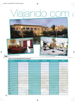 Radar11_sem_SEM 9/6/12 6:23 PM Page 18




              Viajando com a


#      Apartamentos lu
                       xuosos                                 Ambientes variados para relaxar

         Faça o seu acompanhamento semanal
         Semanas                 Corações   Corações Ativos         Vendas          Nomeações   Total
         32
         33
         34
         35
         36
         37
         38
         39
         40
         41
         42
         43
         44
         Total
  18
 