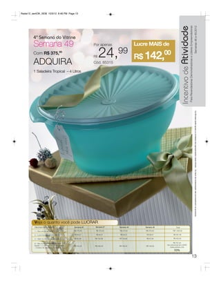 Radar12_semOK_SEM 10/3/12 8:48 PM Page 13




                                                                                                                         Incentivo de Atividade
                                                                                                                                             Para Revendedoras Demonstradoras e Líderes Empreendedoras
                                                                                                                                                                                                         Semanas 46 a 49.2012
         4ª Semana do Vitrine
         Semana 49                                           Por apenas               Lucre MAIS de
         Com R$ 375,00

         ADQUIRA
                                                             R$   24,99
                                                             Cód. 85315
                                                                                      R$ 142,
                                                                                                      00

         1 Saladeira Tropical – 4 Litros




                                                                                                                                                                                                             Os Brindes serão iguais ou similares aos apresentados neste folheto. Os ítens de ambientação não acompanham os produtos.




         Veja o quanto você pode LUCRAR.
         CALCULE SEU LUCRO!                      Semana 46    Semana 47   Semana 48       Semana 49             Total

         1 – Sua venda semanal                   R$ 375,00    R$ 375,00   R$ 375,00       R$ 375,00         R$ 1.500,00

         2 – Lucro líquido (26,5% – BEA)         R$ 99,37     R$ 99,37     R$ 99,37        R$ 99,37          R$ 397,48

         3 – Valor do Brinde da semana           R$ 91,98    R$ 182,96    R$ 109,99        R$ 67,99          R$ 452,92

         5 – Seu lucro total (soma do lucro                                                                  R$ 797,00
         líquido + o valor do brinde da semana                                                        Seu percentual de LUCRO
                                                 R$ 191,00   R$ 282,00    R$ 182,00       R$ 142,00
         - o preço de aquisição do brinde)                                                               neste período é de
                                                                                                              53%

                                                                                                                                                                                 13
 