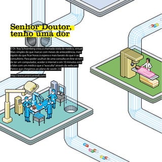 Senhor Doutor,
tenho uma dor
O Dr. Roy Schoenberg criou a chamada visita de médico, virtual.
Mais simples do que marcar com meses de antecedência, mais
rápido do que ficar horas à espera e mais barato do que ir ao
consultório. Para poder usufruir de uma consulta on-line só tem
de ter um computador, aceder à internet e em 10 minutos está
a falar com um médico que o “ausculta” através da webcam.
Parece que chegámos ao plano de saúde 2.0.

http://www.americanwell.com/
 