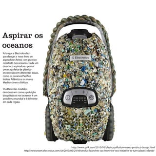 Aspirar os
oceanos
foi o que a Electrolux fez
para lançar a nova linha de
aspiradores feitos com plástico
recolhido nos oceanos. Cada um
dos cinco aspiradores possui
uma capa feita de plástico
encontrado em diferentes locais,
como os oceanos Pacífico,
Índico, Atlântico e os mares
Mediterrâneo e Báltico.

Os diferentes modelos
demonstram como a poluição
dos plásticos nos oceanos é um
problema mundial e é diferente
em cada região.




                                                          http://www.psfk.com/2010/10/plastic-pollution-meets-product-design.html
                  http://newsroom.electrolux.com/uk/2010/06/29/electrolux-launches-vac-from-the-sea-initiative-to-turn-plastic-islands-
 
