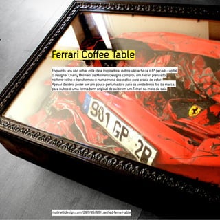 Ferrari Coffee Table
Enquanto uns vão achar esta ideia inspiradora, outros vão achá-la o 8º pecado capital.
O designer Charly Molinelli da Molinelli Designs comprou um Ferrari prensado
no ferro-velho e transformou-o numa mesa decorativa para a sala de estar.
Apesar da ideia poder ser um pouco perturbadora para os verdadeiros fãs da marca,
para outros é uma forma bem original de exibirem um Ferrari no meio da sala.




molinellidesign.com/2011/05/08/crashed-ferrari-table
 