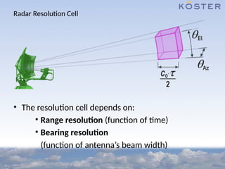 Radar Resolution Cell
• The resolution cell depends on:
• Range resolution (function of time)
• Bearing resolution
(function of antenna’s beam width)
 