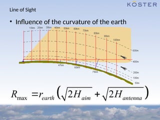 • Influence of the curvature of the earth
Line of Sight
 
max 2 2
earth aim antenna
R r H H
 
 