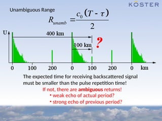 Unambiguous Range
The expected time for receiving backscattered signal
must be smaller than the pulse repetition time!
If not, there are ambiguous returns!
• weak echo of actual period?
• strong echo of previous period?
 
0
2
unamb
c
R
 


 
