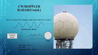 CW/DOPPLER
RADAR(Contd.)
Here we will see how Doppler radar looks and how it works?.
ft
Continuous Wave
Doppler
Radar
Target
Rx freq.  fr =
(ft+fd)
Doppler freq.  (ft-
fd)
 