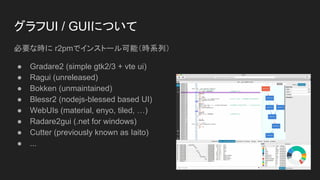 UI / GUIˤĤ
Ҫʕr r2pmǥ󥹥ȩ`ܣrϵУ
 Gradare2 (simple gtk2/3 + vte ui)
 Ragui (unreleased)
 Bokken (unmaintained)
 Blessr2 (nodejs-blessed based UI)
 WebUIs (material, enyo, tiled, )
 Radare2gui (.net for windows)
 Cutter (previously known as Iaito)
 ...
 