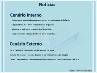 Cenário Externo
• Copom mostra satisfação com progresso nas perspectivas de desinflação;
• Orçamento de 2017 prevê forte contenção de gastos;
• Ajuste forte pode gerar expansão de 4% em 2018;
• Companhias vão atrás de clientes em novos mercados.
Notícias
• EUA: Crédito ao consumidor nos EUA cresce em julho;
• Europa: Riscos para economia da zona do euro são externos, diz Draghi;
• China: Governo chinês retarda assinatura de acordo para fundo bilateral de US$ 20 bi.
Cenário Interno
Fonte: Valor Econômico
 