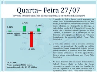 Quarta– Feira 27/07
Bovespa tem leve alta após decisão esperada do Fed; Usiminas dispara
1. A decisão do Fed, o banco central americano, de
manter a taxa de juros inalterada entre 0,25% e 0,50%
ao ano já era esperada pelo mercado financeiro e teve
pouca influência no desempenho do Ibovespa. O
índice fechou em alta de 0,12% aos 56.853 pontos. De
acordo com o analista Raphael Figueredo, da Clear
Corretora, a novidade foi a informação de que
diminuiu a preocupação dos diretores do Fed com a
desaceleração da economia global. Fonte: Valor
Econômico.
2. O tom mais otimista com a economia americana
presente no comunicado da reunião de política
monetária do Federal Reserve (Fed) de julho ajudou a
prover sustentação às bolsas de Nova York, embora o
banco central tenha deixado em aberto a possibilidade
de nova alta de taxas ainda neste ano. Fonte: Valor
Econômico
3. No modo de espera antes da decisão de monetária do
Federal Reserve (Fed), as bolsas da Europa
encerraram os pregões em alta com impulso das
notícias corporativas e dos dados melhores que o
esperado do Reino Unido. Fonte: Valor Econômico
0.12%
-0.01%
0.70%
-1.91%
0.39%
Ibovespa Dow Jones DAX 30 Xangai/SSE FTSE 100
IBOVESPA
Pregão alcançou: 56.853 pontos.
Volume financeiro de: R$ 5,5 bilhões.
 