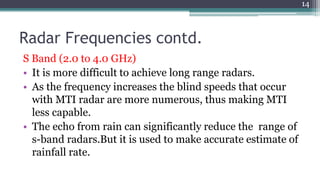 Radar Frequencies contd.
S Band (2.0 to 4.0 GHz)
• It is more difficult to achieve long range radars.
• As the frequency increases the blind speeds that occur
with MTI radar are more numerous, thus making MTI
less capable.
• The echo from rain can significantly reduce the range of
s-band radars.But it is used to make accurate estimate of
rainfall rate.
14
 