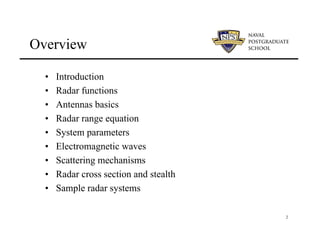 Overview

  •   Introduction
  •   Radar functions
  •   Antennas basics
  •   Radar range equation
  •   System parameter...