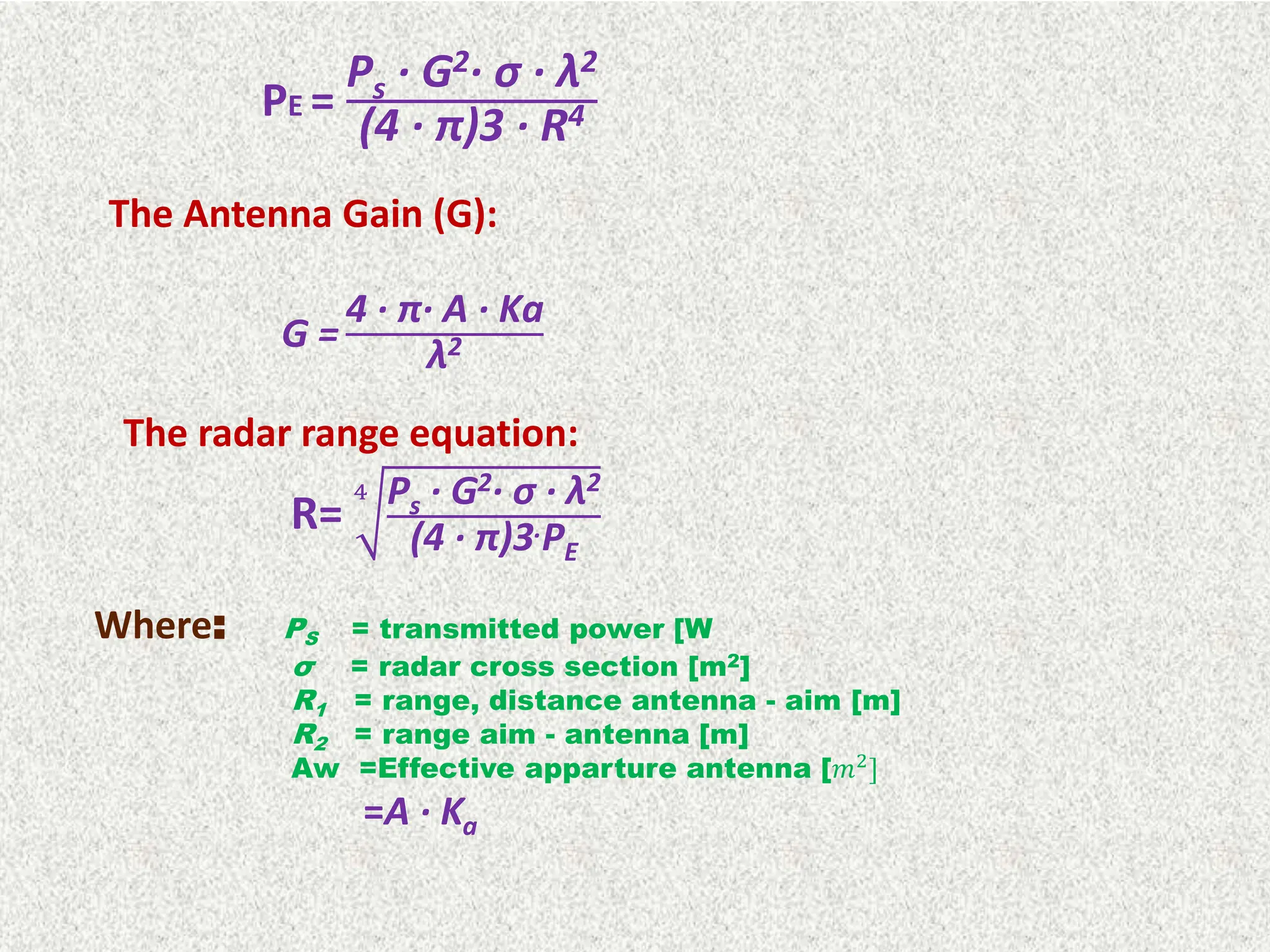 PE =
Ps · G2· σ · λ2
(4 · π)3 · R4
The Antenna Gain (G):
G =
4 · π· A · Ka
λ2
The radar range equation:
R=
4 Ps · G2· σ · λ2
(4 · π)3.PE
Where: PS = transmitted power [W
σ = radar cross section [m2]
R1 = range, distance antenna - aim [m]
R2 = range aim - antenna [m]
Aw =Effective apparture antenna [𝑚2
]
=A · Ka
 