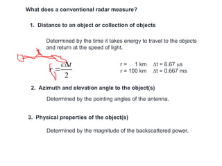 What does a conventional radar measure?
1. Distance to an object or collection of objects
Determined by the time it takes energy to travel to the objects
and return at the speed of light.
2
t
c
r


2. Azimuth and elevation angle to the object(s)
Determined by the pointing angles of the antenna.
3. Physical properties of the object(s)
Determined by the magnitude of the backscattered power.
r = 1 km t = 6.67 s
r = 100 km t = 0.667 ms
 
