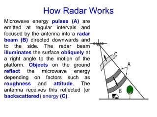 How Radar Works
Microwave energy pulses (A) are
emitted at regular intervals and
focused by the antenna into a radar
beam (B) directed downwards and
to the side. The radar beam
illuminates the surface obliquely at
a right angle to the motion of the
platform. Objects on the ground
reflect the microwave energy
depending on factors such as
roughness and attitude. The
antenna receives this reflected (or
backscattered) energy (C).
 