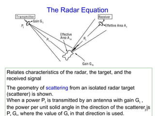 31
The Radar Equation
Relates characteristics of the radar, the target, and the
received signal
The geometry of scattering from an isolated radar target
(scatterer) is shown.
When a power Pt is transmitted by an antenna with gain Gt ,
the power per unit solid angle in the direction of the scatterer is
P G , where the value of G in that direction is used.
 