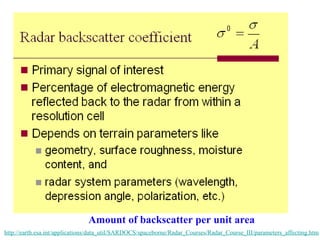Amount of backscatter per unit area
http://earth.esa.int/applications/data_util/SARDOCS/spaceborne/Radar_Courses/Radar_Course_III/parameters_affecting.htm
 