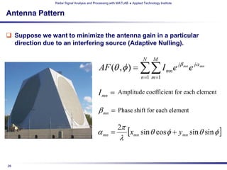 Radar Signal Analysis and Processing with MATLAB ♦ Applied Technology Institute


Antenna Pattern

 Suppose we want to minimize the antenna gain in a particular
  direction due to an interfering source (Adaptive Nulling).

                                                                          N      M
                                            AF (θ , φ ) = ∑∑ I mn e jβ mn e jα mn
                                                                         n =1 m =1


                                            I mn =       Amplitude coefficient for each element

                                            β mn =       Phase shift for each element

                                                         2π
                                           α mn =               [xmn sin θ cos φ + ymn sin θ sin φ ]
                                                          λ


26
 