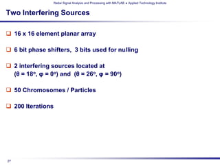 Radar Signal Analysis and Processing with MATLAB ♦ Applied Technology Institute


Two Interfering Sources

 16 x 16 element planar array

 6 bit phase shifters, 3 bits used for nulling

 2 interfering sources located at
  (θ = 18o, φ = 0o) and (θ = 26o, φ = 90o)

 50 Chromosomes / Particles

 200 Iterations




27
 