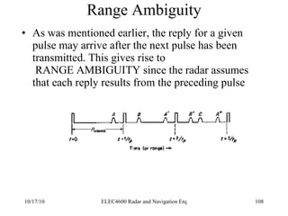 Range Ambiguity As was mentioned earlier, the reply for a given pulse may arrive after the next pulse has been transmitted. This gives rise to  RANGE AMBIGUITY since the radar assumes that each reply results from the preceding pulse 