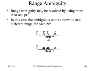 Range Ambiguity Range ambiguity may be resolved by using more than one prf.  In this case the ambiguous returns show up at a different range for each prf 
