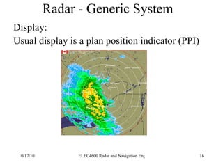 Radar - Generic System Display: Usual display is a plan position indicator (PPI) 