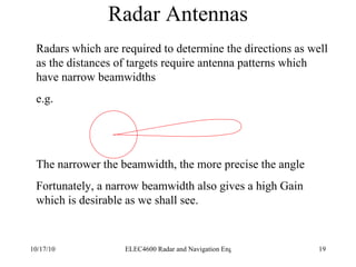 Radar Antennas Radars which are required to determine the directions as well as the distances of targets require antenna patterns which have narrow beamwidths e.g. The narrower the beamwidth, the more precise the angle Fortunately, a narrow beamwidth also gives a high Gain which is desirable as we shall see. 