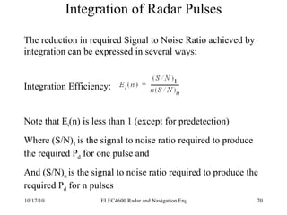 Integration of Radar Pulses The reduction in required Signal to Noise Ratio achieved by integration can be expressed in several ways: Integration Efficiency: Note that E i (n) is less than 1 (except for predetection) Where (S/N) 1  is the signal to noise ratio required to produce the required P d  for one pulse and And (S/N) n  is the signal to noise ratio required to produce the required P d  for n pulses 
