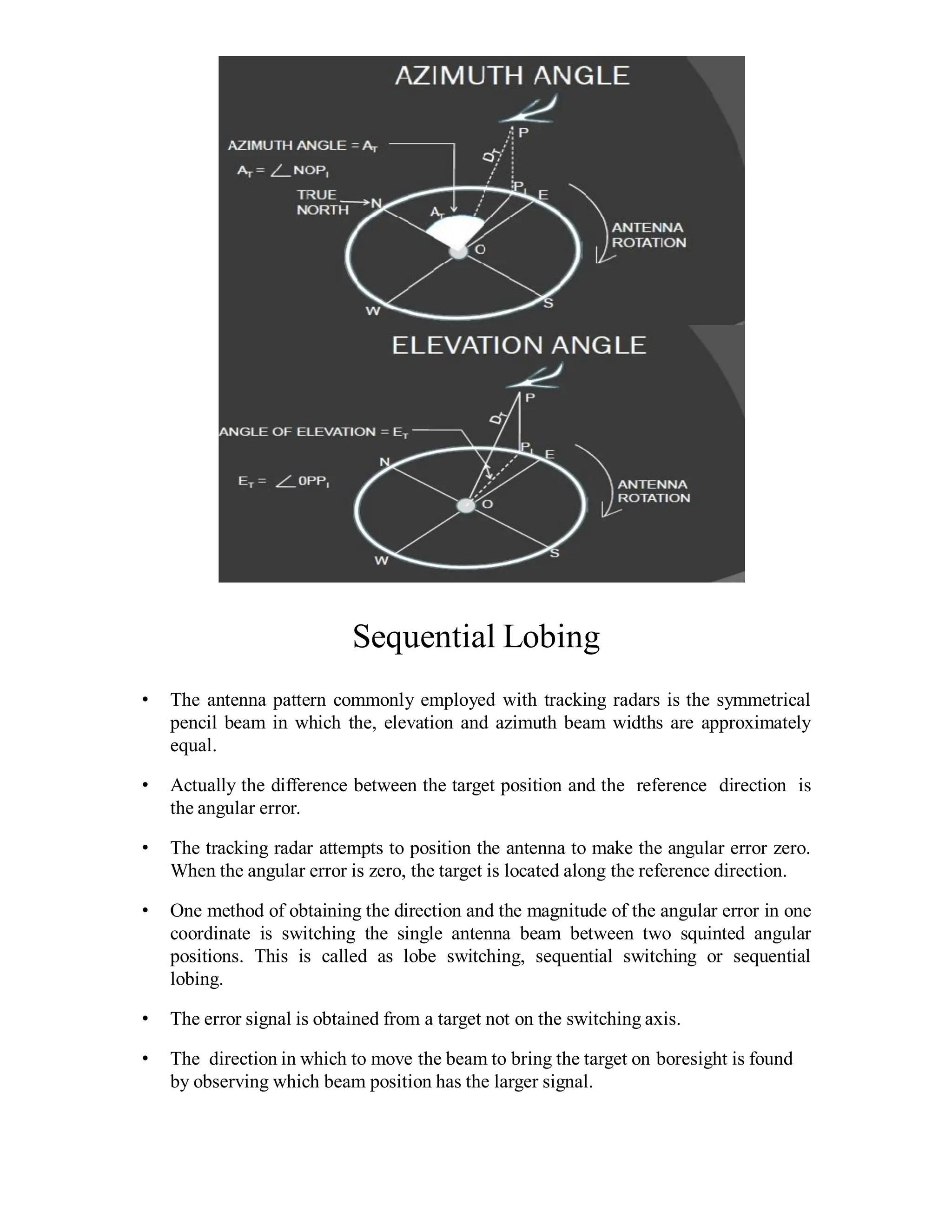 Sequential Lobing
• The antenna pattern commonly employed with tracking radars is the symmetrical
pencil beam in which the, elevation and azimuth beam widths are approximately
equal.
• Actually the difference between the target position and the reference direction is
the angular error.
• The tracking radar attempts to position the antenna to make the angular error zero.
When the angular error is zero, the target is located along the reference direction.
• One method of obtaining the direction and the magnitude of the angular error in one
coordinate is switching the single antenna beam between two squinted angular
positions. This is called as lobe switching, sequential switching or sequential
lobing.
• The error signal is obtained from a target not on the switching axis.
• The direction in which to move the beam to bring the target on boresight is found
by observing which beam position has the larger signal.
 