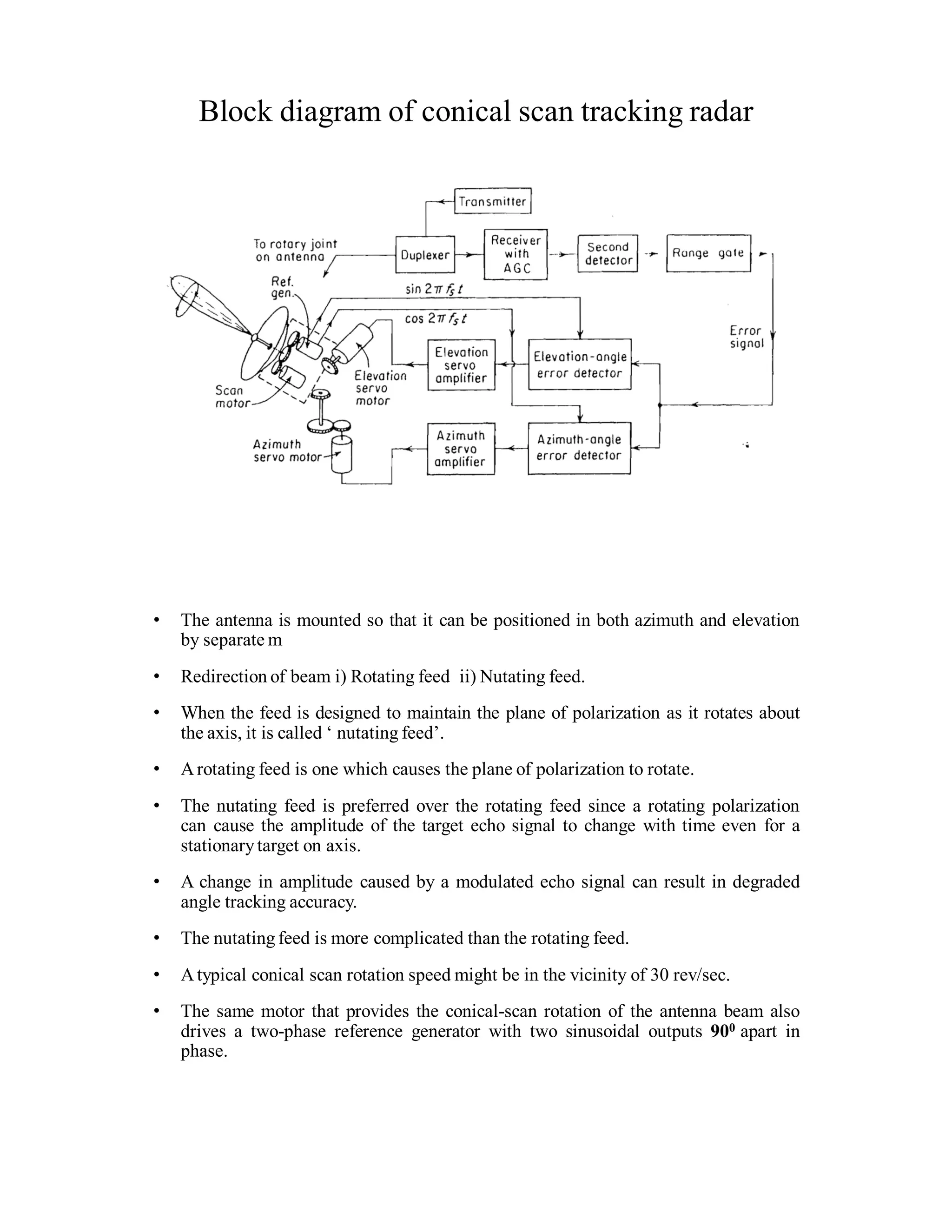 Block diagram of conical scan tracking radar
• The antenna is mounted so that it can be positioned in both azimuth and elevation
by separate m
• Redirection of beam i) Rotating feed ii) Nutating feed.
• When the feed is designed to maintain the plane of polarization as it rotates about
the axis, it is called ‘ nutating feed’.
• Arotating feed is one which causes the plane of polarization to rotate.
• The nutating feed is preferred over the rotating feed since a rotating polarization
can cause the amplitude of the target echo signal to change with time even for a
stationarytarget on axis.
• A change in amplitude caused by a modulated echo signal can result in degraded
angle tracking accuracy.
• The nutating feed is more complicated than the rotating feed.
• Atypical conical scan rotation speed might be in the vicinity of 30 rev/sec.
• The same motor that provides the conical-scan rotation of the antenna beam also
drives a two-phase reference generator with two sinusoidal outputs 900 apart in
phase.
 