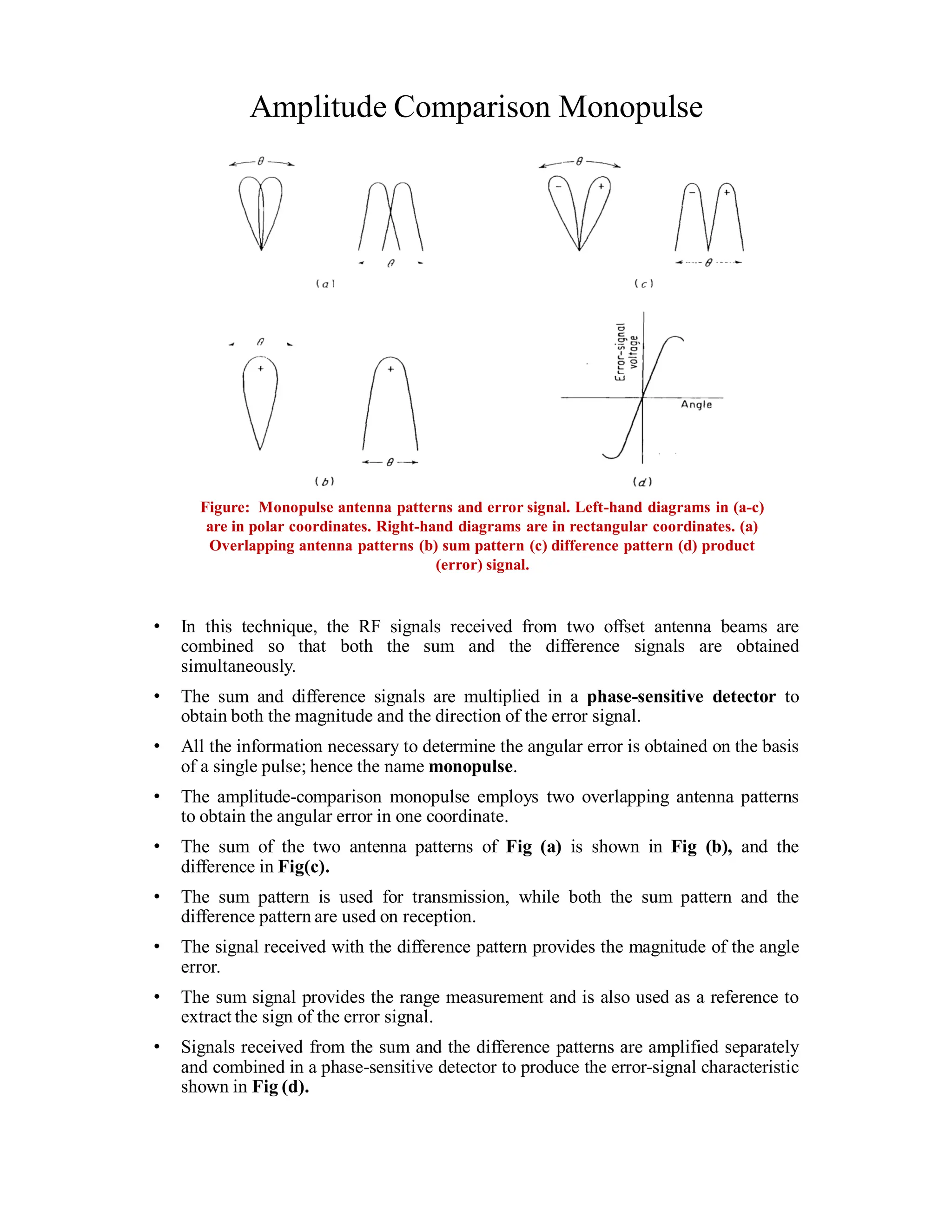Amplitude Comparison Monopulse
Figure: Monopulse antenna patterns and error signal. Left-hand diagrams in (a-c)
are in polar coordinates. Right-hand diagrams are in rectangular coordinates. (a)
Overlapping antenna patterns (b) sum pattern (c) difference pattern (d) product
(error) signal.
• In this technique, the RF signals received from two offset antenna beams are
combined so that both the sum and the difference signals are obtained
simultaneously.
• The sum and difference signals are multiplied in a phase-sensitive detector to
obtain both the magnitude and the direction of the error signal.
• All the information necessary to determine the angular error is obtained on the basis
of a single pulse; hence the name monopulse.
• The amplitude-comparison monopulse employs two overlapping antenna patterns
to obtain the angular error in one coordinate.
• The sum of the two antenna patterns of Fig (a) is shown in Fig (b), and the
difference in Fig(c).
• The sum pattern is used for transmission, while both the sum pattern and the
difference pattern are used on reception.
• The signal received with the difference pattern provides the magnitude of the angle
error.
• The sum signal provides the range measurement and is also used as a reference to
extract the sign of the error signal.
• Signals received from the sum and the difference patterns are amplified separately
and combined in a phase-sensitive detector to produce the error-signal characteristic
shown in Fig (d).
 