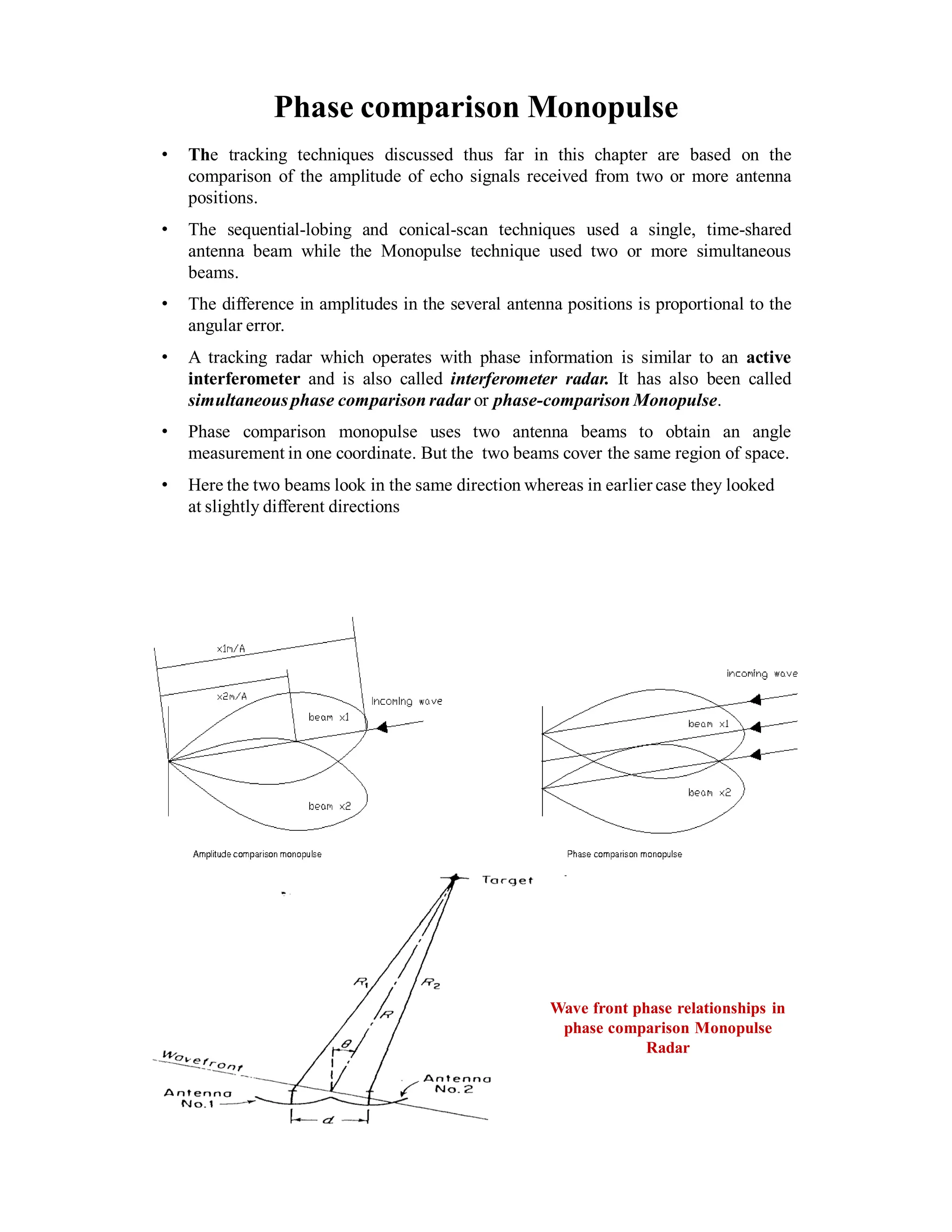 Phase comparison Monopulse
• The tracking techniques discussed thus far in this chapter are based on the
comparison of the amplitude of echo signals received from two or more antenna
positions.
• The sequential-lobing and conical-scan techniques used a single, time-shared
antenna beam while the Monopulse technique used two or more simultaneous
beams.
• The difference in amplitudes in the several antenna positions is proportional to the
angular error.
• A tracking radar which operates with phase information is similar to an active
interferometer and is also called interferometer radar. It has also been called
simultaneousphase comparison radar or phase-comparison Monopulse.
• Phase comparison monopulse uses two antenna beams to obtain an angle
measurement in one coordinate. But the two beams cover the same region of space.
• Here the two beams look in the same direction whereas in earlier case they looked
at slightly different directions
Wave front phase relationships in
phase comparison Monopulse
Radar
 