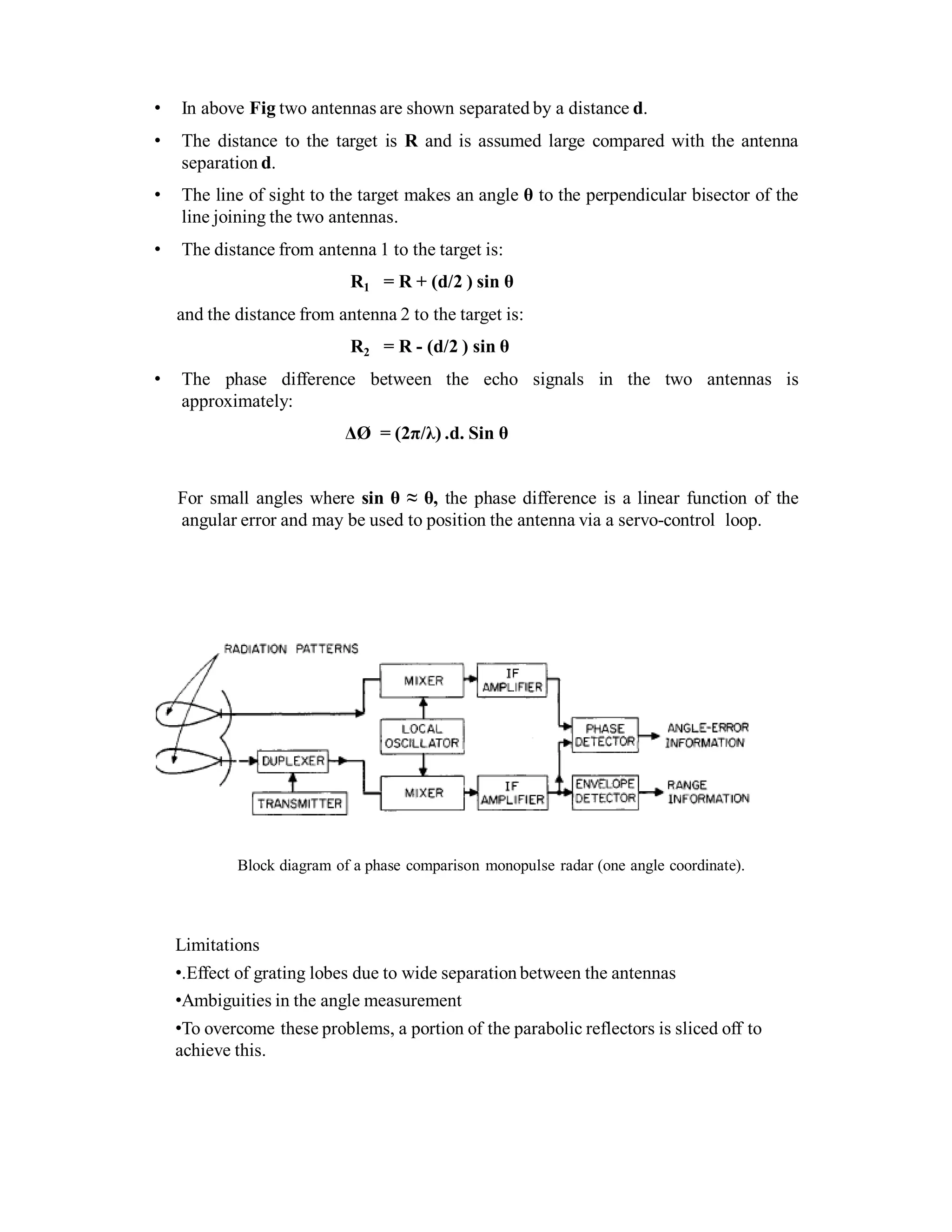 • In above Fig two antennas are shown separated by a distance d.
• The distance to the target is R and is assumed large compared with the antenna
separation d.
• The line of sight to the target makes an angle θ to the perpendicular bisector of the
line joining the two antennas.
• The distance from antenna 1 to the target is:
R1 = R + (d/2 ) sin θ
and the distance from antenna 2 to the target is:
R2 = R - (d/2 ) sin θ
• The phase difference between the echo signals in the two antennas is
approximately:
ΔØ = (2π/λ) .d. Sin θ
For small angles where sin θ ≈ θ, the phase difference is a linear function of the
angular error and may be used to position the antenna via a servo-control loop.
Limitations
•.Effect of grating lobes due to wide separation between the antennas
•Ambiguities in the angle measurement
•To overcome these problems, a portion of the parabolic reflectors is sliced off to
achieve this.
Block diagram of a phase comparison monopulse radar (one angle coordinate).
 