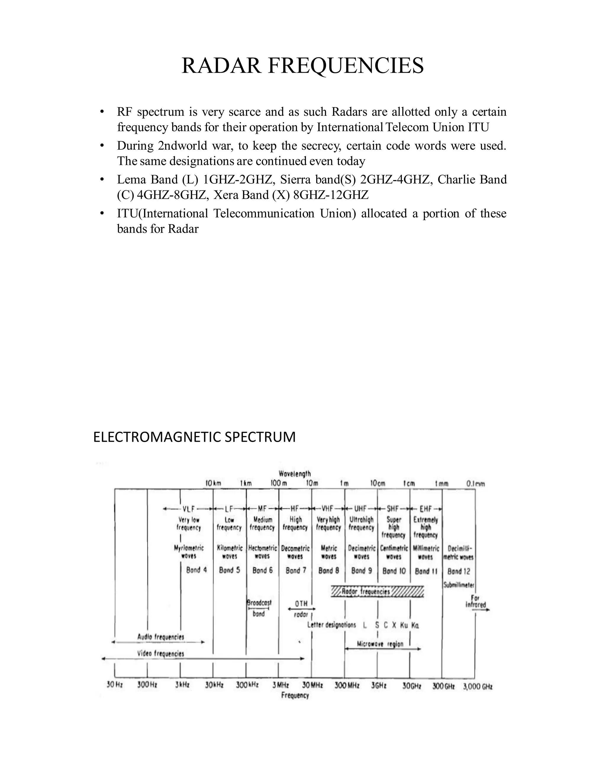 RADAR FREQUENCIES
• RF spectrum is very scarce and as such Radars are allotted only a certain
frequency bands for their operation by InternationalTelecom Union ITU
• During 2ndworld war, to keep the secrecy, certain code words were used.
The same designations are continued even today
• Lema Band (L) 1GHZ-2GHZ, Sierra band(S) 2GHZ-4GHZ, Charlie Band
(C) 4GHZ-8GHZ, Xera Band (X) 8GHZ-12GHZ
• ITU(International Telecommunication Union) allocated a portion of these
bands for Radar
ELECTROMAGNETIC SPECTRUM
 