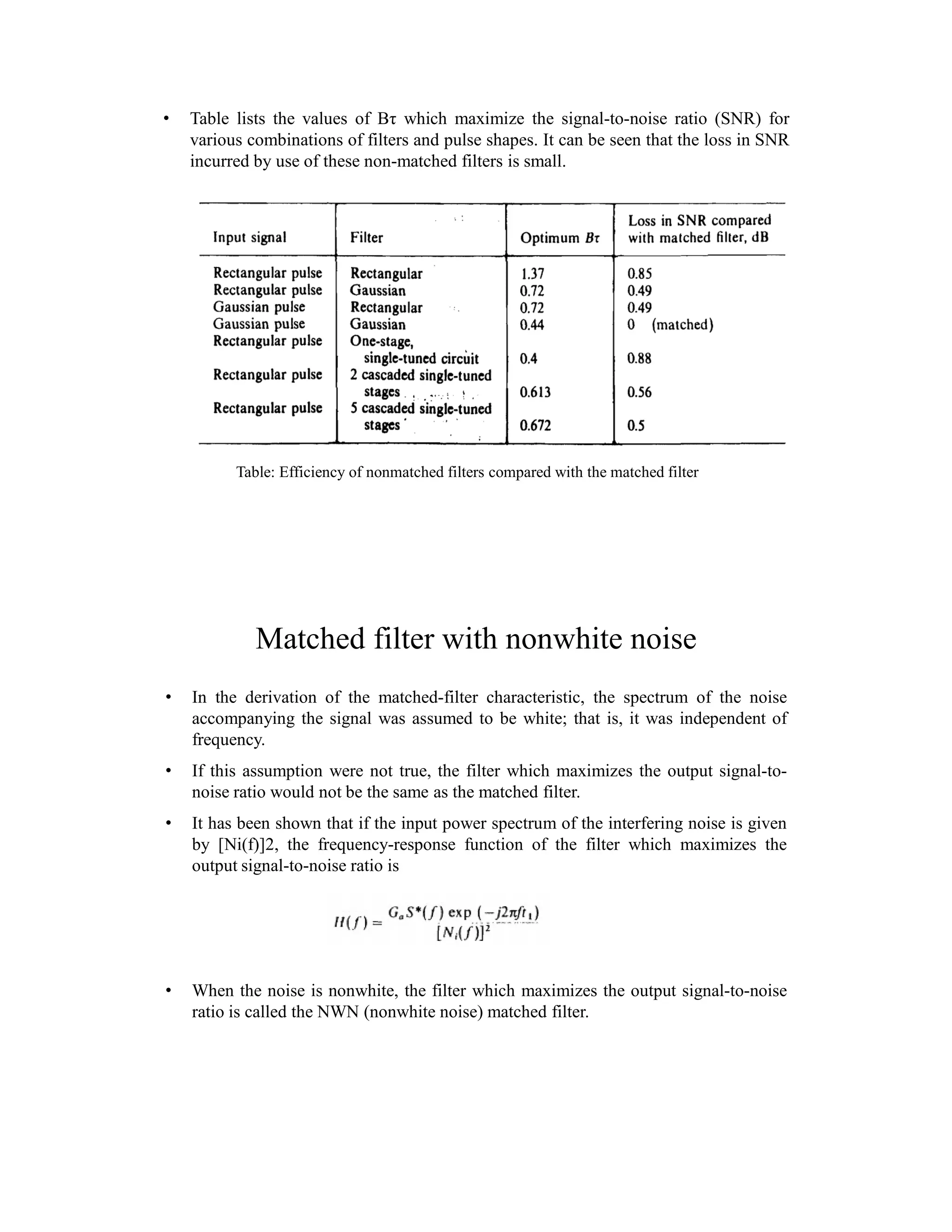 • Table lists the values of Bτ which maximize the signal-to-noise ratio (SNR) for
various combinations of filters and pulse shapes. It can be seen that the loss in SNR
incurred by use of these non-matched filters is small.
Table: Efficiency of nonmatched filters compared with the matched filter
Matched filter with nonwhite noise
• In the derivation of the matched-filter characteristic, the spectrum of the noise
accompanying the signal was assumed to be white; that is, it was independent of
frequency.
• If this assumption were not true, the filter which maximizes the output signal-to-
noise ratio would not be the same as the matched filter.
• It has been shown that if the input power spectrum of the interfering noise is given
by [Ni(f)]2, the frequency-response function of the filter which maximizes the
output signal-to-noise ratio is
• When the noise is nonwhite, the filter which maximizes the output signal-to-noise
ratio is called the NWN (nonwhite noise) matched filter.
 