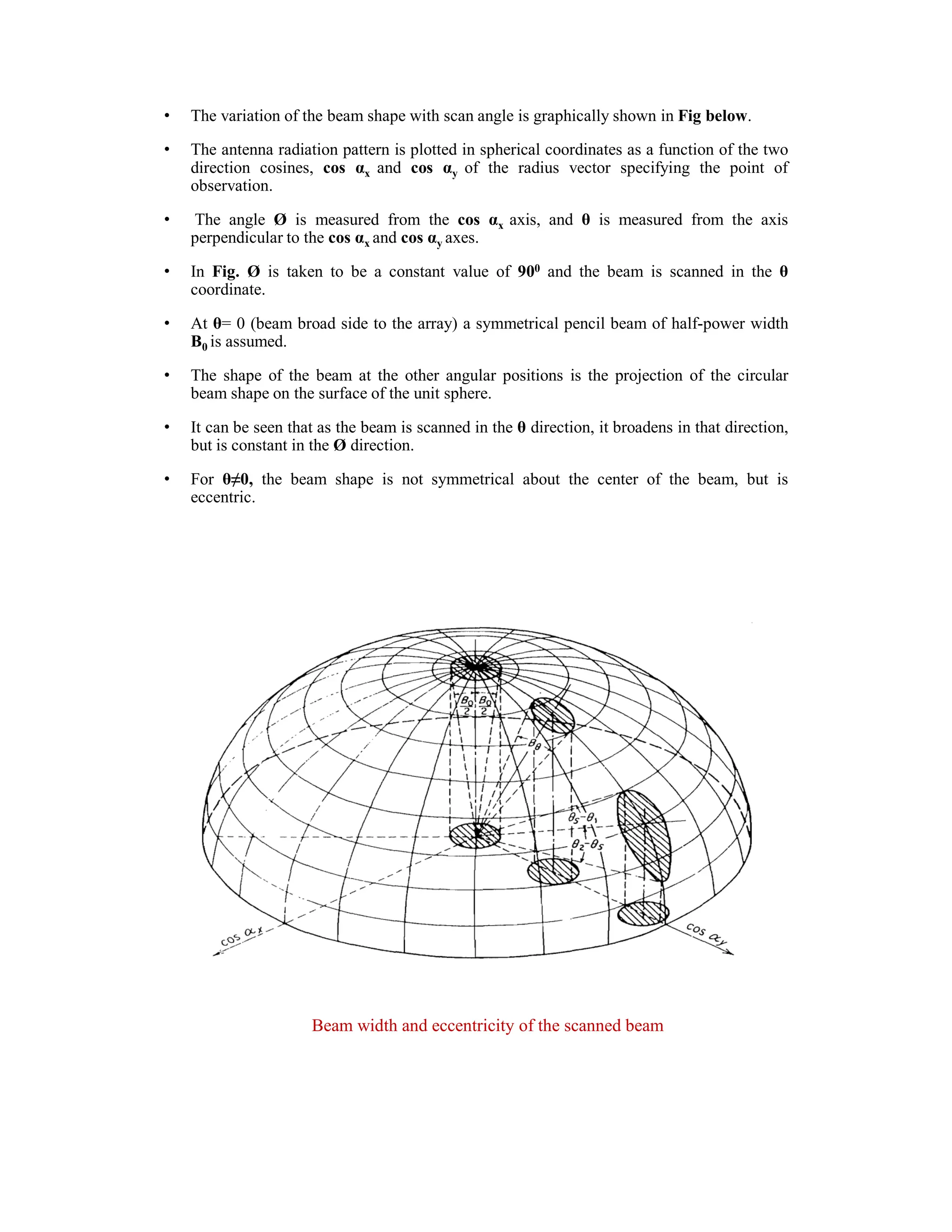 • The variation of the beam shape with scan angle is graphically shown in Fig below.
• The antenna radiation pattern is plotted in spherical coordinates as a function of the two
direction cosines, cos αx and cos αy of the radius vector specifying the point of
observation.
• The angle Ø is measured from the cos αx axis, and θ is measured from the axis
perpendicular to the cos αx and cos αy axes.
• In Fig. Ø is taken to be a constant value of 900 and the beam is scanned in the θ
coordinate.
• At θ= 0 (beam broad side to the array) a symmetrical pencil beam of half-power width
B0 is assumed.
• The shape of the beam at the other angular positions is the projection of the circular
beam shape on the surface of the unit sphere.
• It can be seen that as the beam is scanned in the θ direction, it broadens in that direction,
but is constant in the Ø direction.
• For θ≠0, the beam shape is not symmetrical about the center of the beam, but is
eccentric.
Beam width and eccentricity of the scanned beam
 