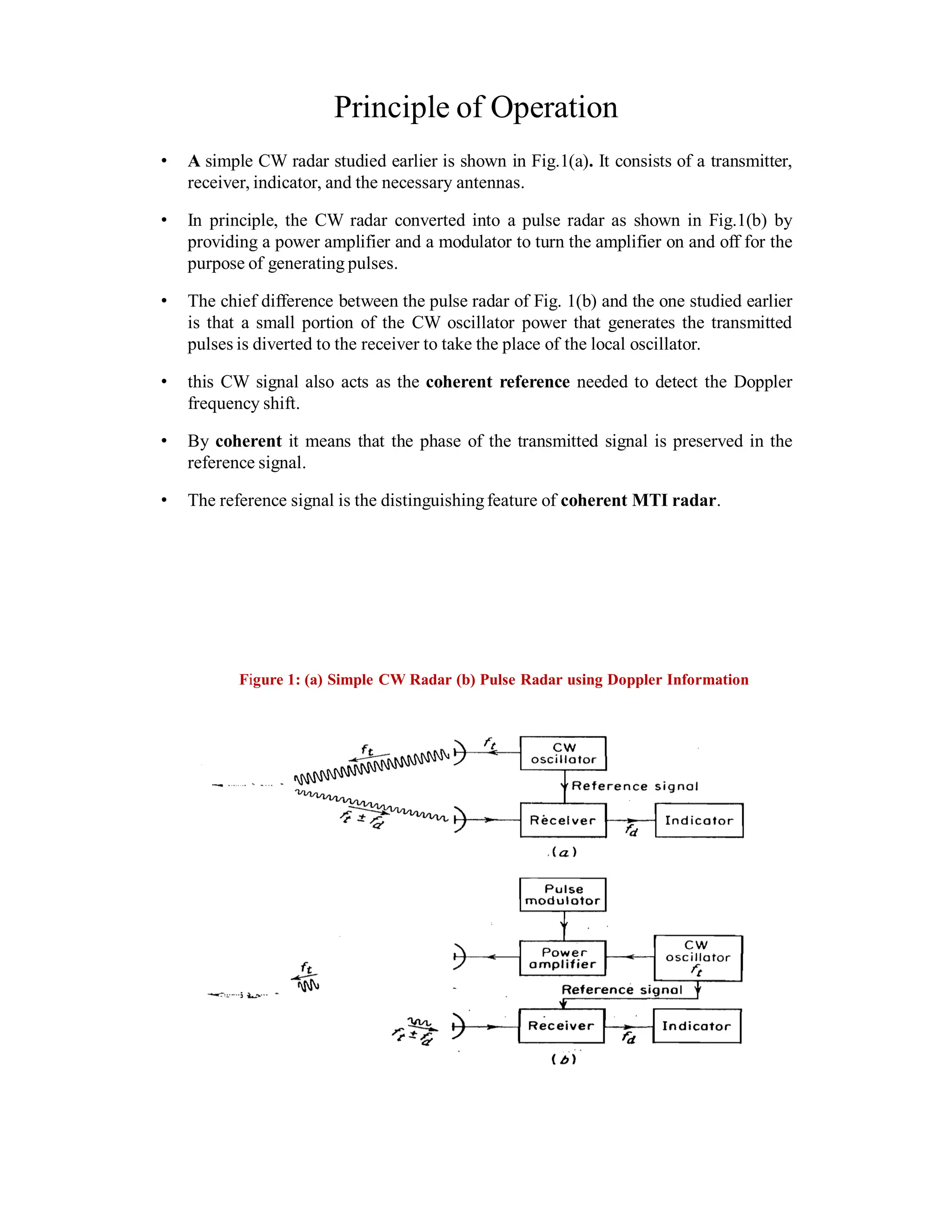 Principle of Operation
• A simple CW radar studied earlier is shown in Fig.1(a). It consists of a transmitter,
receiver, indicator, and the necessary antennas.
• In principle, the CW radar converted into a pulse radar as shown in Fig.1(b) by
providing a power amplifier and a modulator to turn the amplifier on and off for the
purpose of generating pulses.
• The chief difference between the pulse radar of Fig. 1(b) and the one studied earlier
is that a small portion of the CW oscillator power that generates the transmitted
pulses is diverted to the receiver to take the place of the local oscillator.
• this CW signal also acts as the coherent reference needed to detect the Doppler
frequency shift.
• By coherent it means that the phase of the transmitted signal is preserved in the
reference signal.
• The reference signal is the distinguishingfeature of coherent MTI radar.
Figure 1: (a) Simple CW Radar (b) Pulse Radar using Doppler Information
 