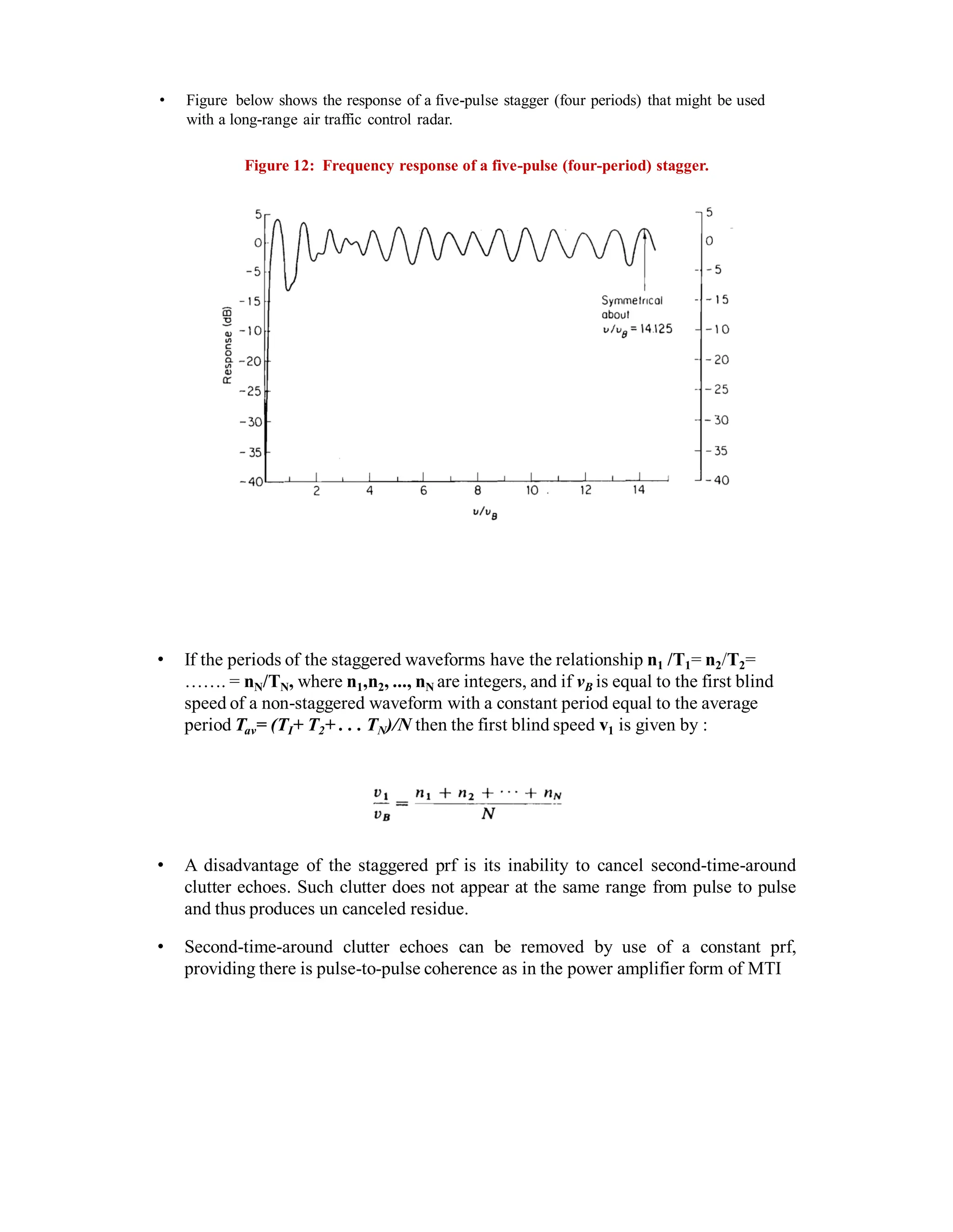 • Figure below shows the response of a five-pulse stagger (four periods) that might be used
with a long-range air traffic control radar.
Figure 12: Frequency response of a five-pulse (four-period) stagger.
• If the periods of the staggered waveforms have the relationship n1 /T1= n2/T2=
……. = nN/TN, where n1,n2, ..., nN are integers, and if vB is equal to the first blind
speed of a non-staggered waveform with a constant period equal to the average
period Tav= (TI+ T2+ . . . TN)/N then the first blind speed v1 is given by :
• A disadvantage of the staggered prf is its inability to cancel second-time-around
clutter echoes. Such clutter does not appear at the same range from pulse to pulse
and thus produces un canceled residue.
• Second-time-around clutter echoes can be removed by use of a constant prf,
providing there is pulse-to-pulse coherence as in the power amplifier form of MTI
 