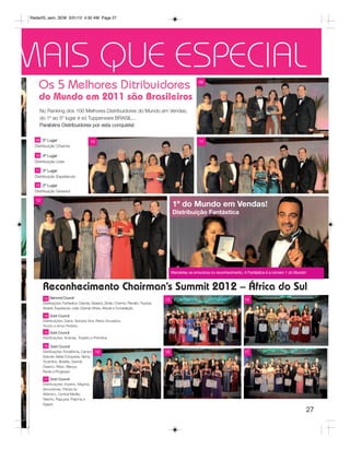 Radar05_sem_SEM 3/31/12 4:30 AM Page 27




MAIS QUE ESPECIAL                                                                                               09
     Os 5 Melhores Ditribuidores
     do Mundo em 2011 são Brasileiros
     No Ranking dos 100 Melhores Distribuidores do Mundo em Vendas,
     do 1º ao 5º lugar é só Tupperware BRASIL...
     Parabéns Distribuidores por esta conquista!

   09 5º Lugar                             10                                                                   11
   Distribuição Charme

   10 4º Lugar
   Distribuição Líder

   11 3º Lugar
   Distribuição Espetáculo

   12 2º Lugar
   Distribuição Girassol

   12
                                                                                                 1º do Mundo em Vendas!
                                                                                                 Distribuição Fantástica




                                                                                                 Wanderley se emociona no reconhecimento. A Fantástica é a número 1 do Mundo!


        Reconhecimento Chairman’s Summit 2012 – África do Sul
        13 Diamond Council                                                                  13                                            14
        Distribuições: Fantástica, Ciranda, Girassol, Zênite, Charme, Planalto, Tropical,
        Abaeté, Espetáculo, Líder, Grande Vitória, Atitude e Constelação.

         14 Gold Council
        Distribuições: Garra, Sempre Viva, Raios Dourados,
        Triunfo e Amor Perfeito.
        15 Gold Council
        Distribuições: Acácias, Topázio e Petrolina.

         16 Gold Council
        Distribuições: Excelência, Campo 15                                                 16                                            17
        Grande, Astral, Conquista, Alpha,
        Tocantins, Brasília, Grande
        Osasco, Reluz, Aliança,
        Recife e Progresso.

         17 Gold Council
         1º
        Distribuições: Império, Magma,
        Vencedoras, Pérola do
        Atlântico, Central Marília,
        Talento, Pajuçara, Paloma e
        Ágape.
                                                                                                                                                                                27
 