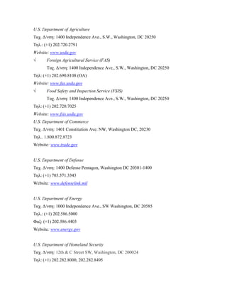 U.S. Department of Agriculture
Ταχ. Δ/νση: 1400 Independence Ave., S.W., Washington, DC 20250
Τηλ.: (+1) 202.720.2791
Website: www.usda.gov
√ Foreign Agricultural Service (FAS)
Ταχ. Δ/νση: 1400 Independence Ave., S.W., Washington, DC 20250
Τηλ: (+1) 202.690.8108 (ΟΑ)
Website: www.fas.usda.gov
√ Food Safety and Inspection Service (FSIS)
Ταχ. Δ/νση: 1400 Independence Ave., S.W., Washington, DC 20250
Τηλ: (+1) 202.720.7025
Website: www.fsis.usda.gov
U.S. Department of Commerce
Ταχ. Δ/νση: 1401 Constitution Ave. NW, Washington DC, 20230
Τηλ.. 1.800.872.8723
Website: www.trade.gov
U.S. Department of Defense
Ταχ. Δ/νση: 1400 Defense Pentagon, Washington DC 20301-1400
Τηλ: (+1) 703.571.3343
Website: www.defenselink.mil
U.S. Department of Energy
Ταχ. Δ/νση: 1000 Independence Ave., SW Washington, DC 20585
Τηλ.: (+1) 202.586.5000
Φαξ: (+1) 202.586.4403
Website: www.energy.gov
U.S. Department of Homeland Security
Ταχ. Δ/νση: 12th & C Street SW, Washington, DC 200024
Τηλ: (+1) 202.282.8000, 202.282.8495
 