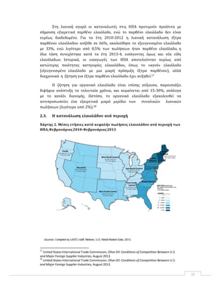 12
Στη λιανική αγορά οι καταναλωτές στις ΗΠΑ προτιμούν προϊόντα με
σήμανση εξαιρετικά παρθένο ελαιόλαδο, ενώ το παρθένο ελαιόλαδο δεν είναι
ευρέως διαδεδομένο. Για τα έτη 2010‐2012 η λιανική κατανάλωση έξτρα
παρθένου ελαιόλαδου ανήλθε σε 66%, ακολούθησε το εξευγενισμένο ελαιόλαδο
με 33%, ενώ λιγότερο από 0,5% των πωλήσεων ήταν παρθένο ελαιόλαδο, η
ίδια τάση συνεχίστηκε κατά τα έτη 2013-4, εισάγοντας όμως και νέα είδη
ελαιόλαδων. Ιστορικά, οι εισαγωγές των ΗΠΑ αποτελούνταν κυρίως από
κατώτερης ποιότητας κατηγορίες ελαιολάδου, όπως το «αγνό» ελαιόλαδο
(εξευγενισμένο ελαιόλαδο με μια μικρή πρόσμιξη έξτρα παρθένου), αλλά
διαχρονικά η ζήτηση για έξτρα παρθένο ελαιόλαδο έχει αυξηθεί.17
Η ζήτηση για οργανικό ελαιόλαδο είναι επίσης αύξουσα, παρουσιάζει
διψήφια ανάπτυξη τα τελευταία χρόνια, και κυμαίνεται από 15‐30%, ανάλογα
με το κανάλι διανομής. Ωστόσο, το οργανικό ελαιόλαδο εξακολουθεί να
αντιπροσωπεύει ένα εξαιρετικά μικρό μερίδιο των συνολικών λιανικών
πωλήσεων (λιγότερο από 2%).18
2.3. Η κατανάλωση ελαιολάδου ανά περιοχή
Χάρτης 2. Μέσες ετήσιες κατά κεφαλήν πωλήσεις ελαιολάδου ανά περιοχή των
ΗΠΑ,Φεβρουάριος2010‐Φεβρουάριος2013
17
United States International Trade Commission, Olive Oil: Conditions of Competition Between U.S.
and Major Foreign Supplier Industries, August 2013.
18
United States International Trade Commission, Olive Oil: Conditions of Competition Between U.S.
and Major Foreign Supplier Industries, August 2013.
 