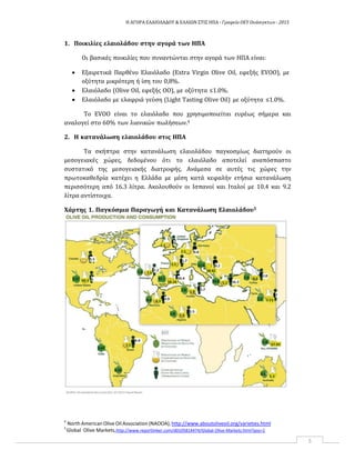 Η ΑΓΟΡΑ ΕΛΑΙΟΛΑΔΟΥ & ΕΛΑΙΩΝ ΣΤΙΣ ΗΠΑ ‐ Γραφείο ΟΕΥ Ουάσιγκτων ‐ 2015
5
1. Ποικιλίες ελαιολάδου στην αγορά των ΗΠΑ
Οι βασικές ποικιλίες που συναντώνται στην αγορά των ΗΠΑ είναι:
 Εξαιρετικά Παρθένο Ελαιόλαδο (Extra Virgin Olive Oil, εφεξής EVOO), με
οξύτητα μικρότερη ή ίση του 0,8%.
 Ελαιόλαδο (Olive Oil, εφεξής ΟΟ), με οξύτητα ≤1.0%.
 Ελαιόλαδο με ελαφριά γεύση (Light Tasting Olive Oil) με οξύτητα ≤1.0%.
Το EVOO είναι το ελαιόλαδο που χρησιμοποιείται ευρέως σήμερα και
αναλογεί στο 60% των λιανικών πωλήσεων.4
2. H κατανάλωση ελαιολάδου στις ΗΠΑ
Τα σκήπτρα στην κατανάλωση ελαιολάδου παγκοσμίως διατηρούν οι
μεσογειακές χώρες, δεδομένου ότι το ελαιόλαδο αποτελεί αναπόσπαστο
συστατικό της μεσογειακής διατροφής. Ανάμεσα σε αυτές τις χώρες την
πρωτοκαθεδρία κατέχει η Ελλάδα με μέση κατά κεφαλήν ετήσια κατανάλωση
περισσότερη από 16.3 λίτρα. Ακολουθούν οι Ισπανοί και Ιταλοί με 10.4 και 9.2
λίτρα αντίστοιχα.
Χάρτης 1. Παγκόσμια Παραγωγή και Κατανάλωση Ελαιολάδου5
4
North American Olive OilAssociation (ΝΑΟΟΑ), http://www.aboutoliveoil.org/varieties.html
5
Global Olive Markets,http://www.reportlinker.com/d0105814474/Global-Olive-Markets.html?pos=1
 