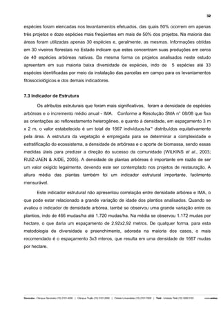 32

espécies foram elencadas nos levantamentos efetuados, das quais 50% ocorrem em apenas
três projetos e doze espécies mais freqüentes em mais de 50% dos projetos. Na maioria das
áreas foram utilizadas apenas 30 espécies e, geralmente, as mesmas. Informações obtidas
em 30 viveiros florestais no Estado indicam que estes concentram suas produções em cerca
de 40 espécies arbóreas nativas. Da mesma forma os projetos analisados neste estudo
apreentam em sua maioria baixa diversidade de espécies, indo de

5 espécies até 33

espécies identificadas por meio da instalação das parcelas em campo para os levantamentos
fitossociológicos e dos demais indicadores.
7.3 Indicador de Estrutura
Os atributos estruturais que foram mais significativos, foram a densidade de espécies
arbóreas e o incremento médio anual - IMA.

Conforme a Resolução SMA n° 08/08 que fixa

as orientações ao reflorestamento heterogêneo, e quanto à densidade, em espaçamento 3 m
x 2 m, o valor estabelecido é um total de 1667 indivíduos.ha-¹ distribuídos equitativamente
pela área. A estrutura da vegetação é empregada para se determinar a complexidade e
estratificação do ecossistema, a densidade de arbóreas e o aporte de biomassa, sendo essas
medidas úteis para predizer a direção do sucesso da comunidade (WILKINS et al., 2003;
RUIZ-JAEN & AIDE, 2005). A densidade de plantas arbóreas é importante em razão de ser
um valor exigido legalmente, devendo este ser contemplado nos projetos de restauração. A
altura média das plantas também foi um indicador estrutural importante, facilmente
mensurável.
Este indicador estrutural não apresentou correlação entre densidade arbórea e IMA, o
que pode estar relacionado a grande variação de idade dos plantios analisados. Quando se
avaliou o indicador de densidade arbórea, també se observou uma grande variação entre os
plantios, indo de 466 mudas/ha até 1.720 mudas/ha. Na média se observou 1.172 mudas por
hectare, o que daria um espaçamento de 2,92x2,92 metros. De qualquer forma, para esta
metodologia de diversidade e preenchimento, adorada na maioria dos casos, o mais
recomendado é o espaçamento 3x3 mteros, que resulta em uma densidade de 1667 mudas
por hectare.

 