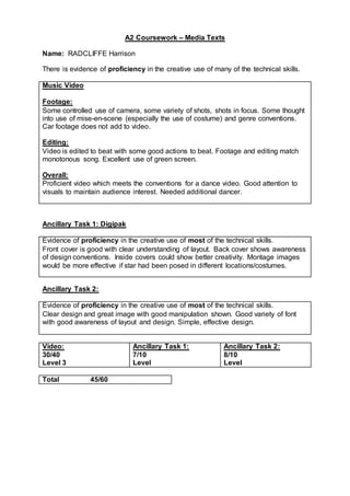 A2 Coursework – Media Texts
Name: RADCLIFFE Harrison
There is evidence of proficiency in the creative use of many of the technical skills.
Music Video
Footage:
Some controlled use of camera, some variety of shots, shots in focus. Some thought
into use of mise-en-scene (especially the use of costume) and genre conventions.
Car footage does not add to video.
Editing:
Video is edited to beat with some good actions to beat. Footage and editing match
monotonous song. Excellent use of green screen.
Overall:
Proficient video which meets the conventions for a dance video. Good attention to
visuals to maintain audience interest. Needed additional dancer.
Ancillary Task 1: Digipak
Evidence of proficiency in the creative use of most of the technical skills.
Front cover is good with clear understanding of layout. Back cover shows awareness
of design conventions. Inside covers could show better creativity. Montage images
would be more effective if star had been posed in different locations/costumes.
Ancillary Task 2:
Evidence of proficiency in the creative use of most of the technical skills.
Clear design and great image with good manipulation shown. Good variety of font
with good awareness of layout and design. Simple, effective design.
Video:
30/40
Level 3
Ancillary Task 1:
7/10
Level
Ancillary Task 2:
8/10
Level
Total 45/60
 