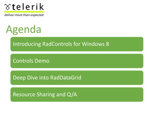 Agenda
Introducing RadControls for Windows 8
Controls Demo
Deep Dive into RadDataGrid
Resource Sharing and Q/A
 