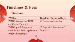 Timelines & Fees
PMDA Timeline (Business Days)
PMDA issuance of DMF
certificate /form 43
60 Business days after
PMDA publishing non-
confidential DFM update on
PMDA homepage
15 days after issuance of
form 43
Timelines
21
 
