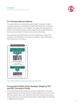 WHITE PAPER
The F5 DDoS Protection Reference Architecture
11
On-Premises Network Defense
The network defense tier is built around the network firewall. It is designed to mitigate
computational attacks such as SYN floods and ICMP fragmentation floods. This tier also
mitigates volumetric attacks up to the congestion of the ingress point (typically 80 to 90
percent of the rated pipe size). Many customers integrate their IP reputation databases at
this tier and have controls to IP addresses by source during a DDoS attack.
Some organizations pass DNS through the first tier to a DNS server in the DMZ. In this
configuration, with the right layer 4 controls they can validate the validity of DNS packets
before sending them on to the server.
LTMAFM
GTM
+ IP Intelligence (IPI) Module
Protecting L3–4 and DNS
VIPRION Platform
Network Firewall Services
+ Simple Load Balancing
DNS Services
BIG-IP Platform
Figure 5: Network defense tier protects against network-layer DDoS attacks.
Computational DDoS Attack Spotlight: Mitigating TCP
and SSL Connection Floods
TCP connection floods are layer 4 attacks and can affect any stateful device on the network,
especially firewalls that are not DDoS-resistant. The attack is designed to consume the memory
of the flow connection tables in each stateful device. Often these connection floods are empty
of actual content. They can be absorbed into high-capacity connection tables in the network tier
or mitigated by full-proxy firewalls.
 