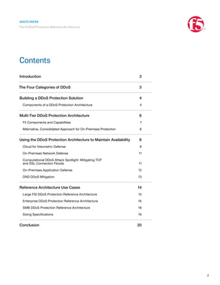 2
WHITE PAPER
The F5 DDoS Protection Reference Architecture
Contents
Introduction	3
The Four Categories of DDoS	 3
Building a DDoS Protection Solution	 4
Components of a DDoS Protection Architecture	 4
Multi-Tier DDoS Protection Architecture	 6
F5 Components and Capabilities	 7
Alternative, Consolidated Approach for On-Premises Protection	 8
Using the DDoS Protection Architecture to Maintain Availability	 8
Cloud for Volumetric Defense	 8
On-Premises Network Defense	 11
Computational DDoS Attack Spotlight: Mitigating TCP
and SSL Connection Floods	 11
On-Premises Application Defense	 12
DNS DDoS Mitigation	 13
Reference Architecture Use Cases	 14
Large FSI DDoS Protection Reference Architecture 	 15
Enterprise DDoS Protection Reference Architecture	 16
SMB DDoS Protection Reference Architecture	 18
Sizing Specifications	 19
Conclusion	20
 