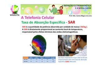 A RADIAÇÃO ELETROMAGNÉTICA
                                                        E A NOSSA SAÚDE


                                                      Prof. DSc. Carlos Magno de Lima
A Telefonia Celular
Taxa de Absorção Especifica - SAR
SAR é a quantidade de potência absorvida por unidade de massa ( W/kg ).
A SAR é diretamente proporcional ao aumento local de temperatura,
responsável pelos efeitos térmicos das ondas eletromagnéticas.




                                       Um fator importante é que cada tecido do
                                       corpo humano tem uma taxa de absorção
                                       especifica (SAR) diferente.
 